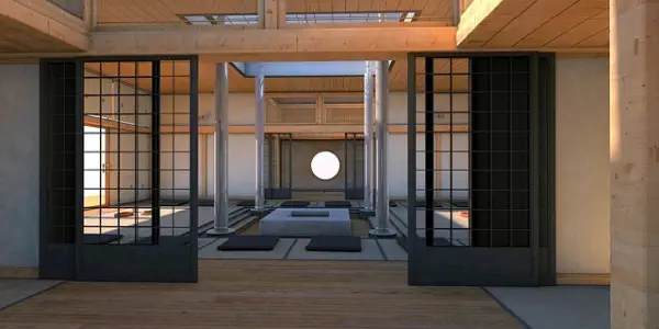 Feng Shui Meditation Room principles. a big clean meditation room with mat in center