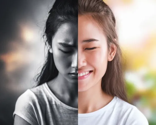Feng Shui for depression, anxiety, PTSD, adhd. Left side girl is depressed, right side happy smiling Asian female