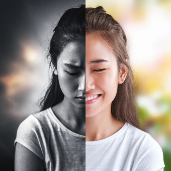 Feng Shui for depression, anxiety, PTSD, adhd. Left side girl is depressed, right side happy smiling Asian female