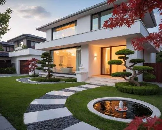 Feng Shui when building a house. Suburban quiet home with pond in front, open garden, clean modern design