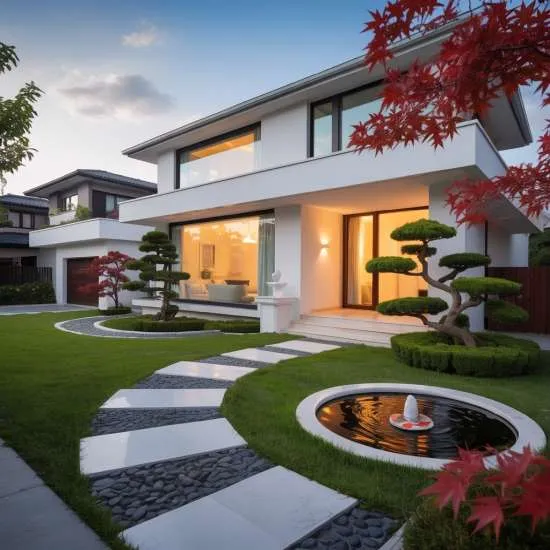 Feng Shui when building a house. Suburban quiet home with pond in front, open garden, clean modern design